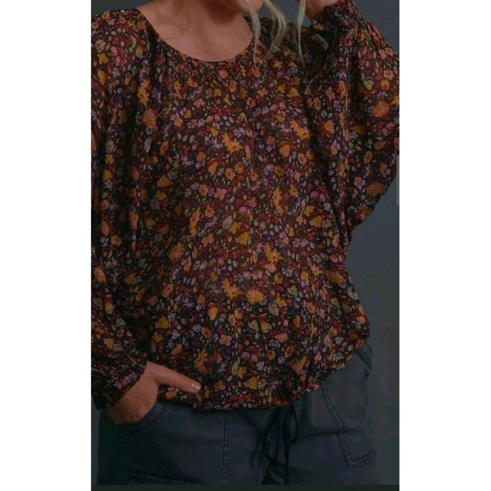 Anthropologie Floral Sheer Long Sleeve Blouse Multi Color Smocked Cuffs SP